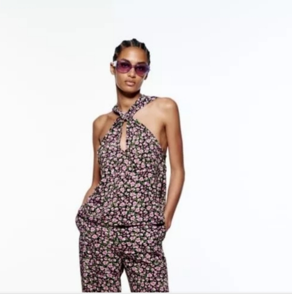 🖤🌸 Zara Flowy Floral Halter Keyhole Tank Top, S, NWT